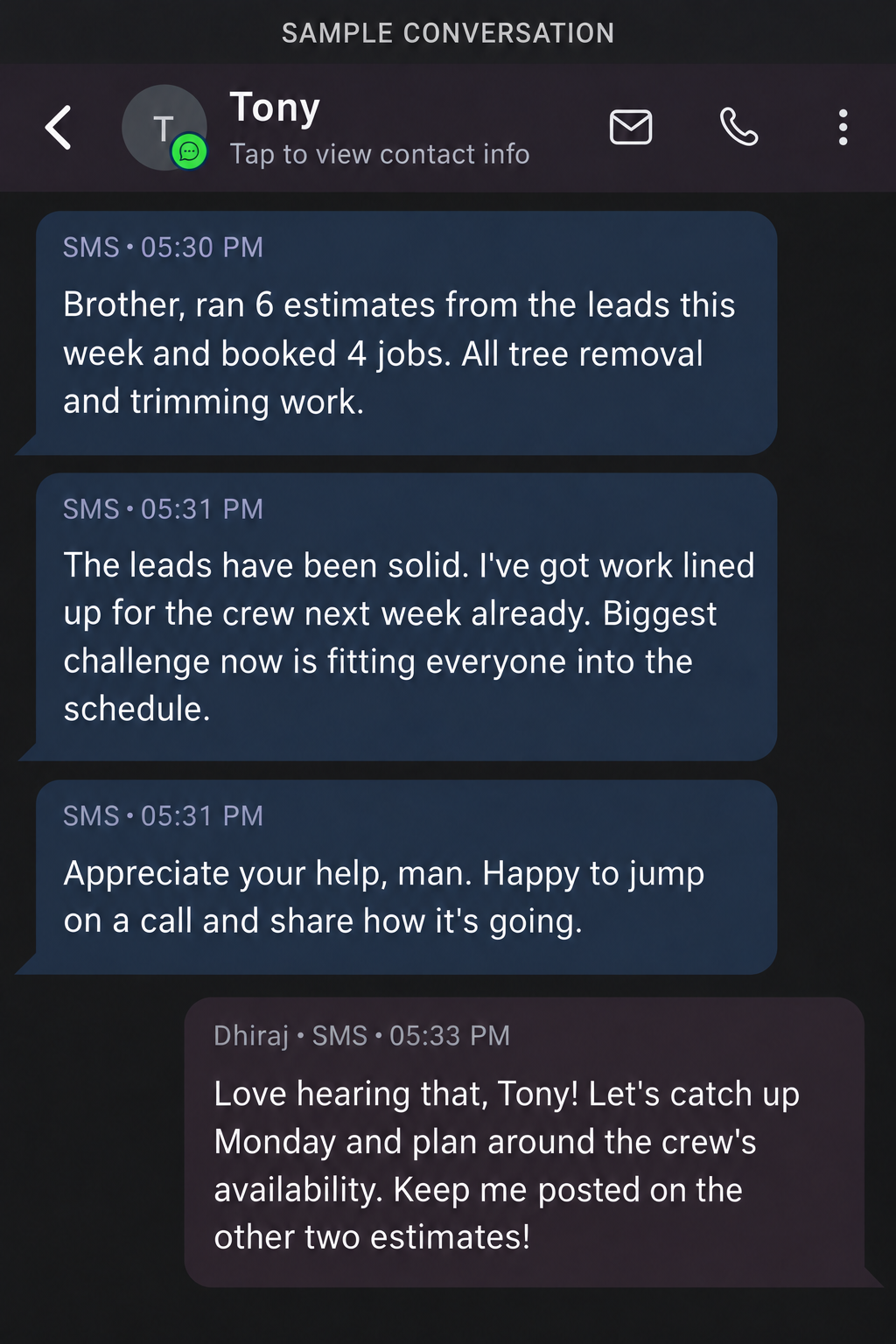Sample conversation with Tony about estimates and booked tree service jobs