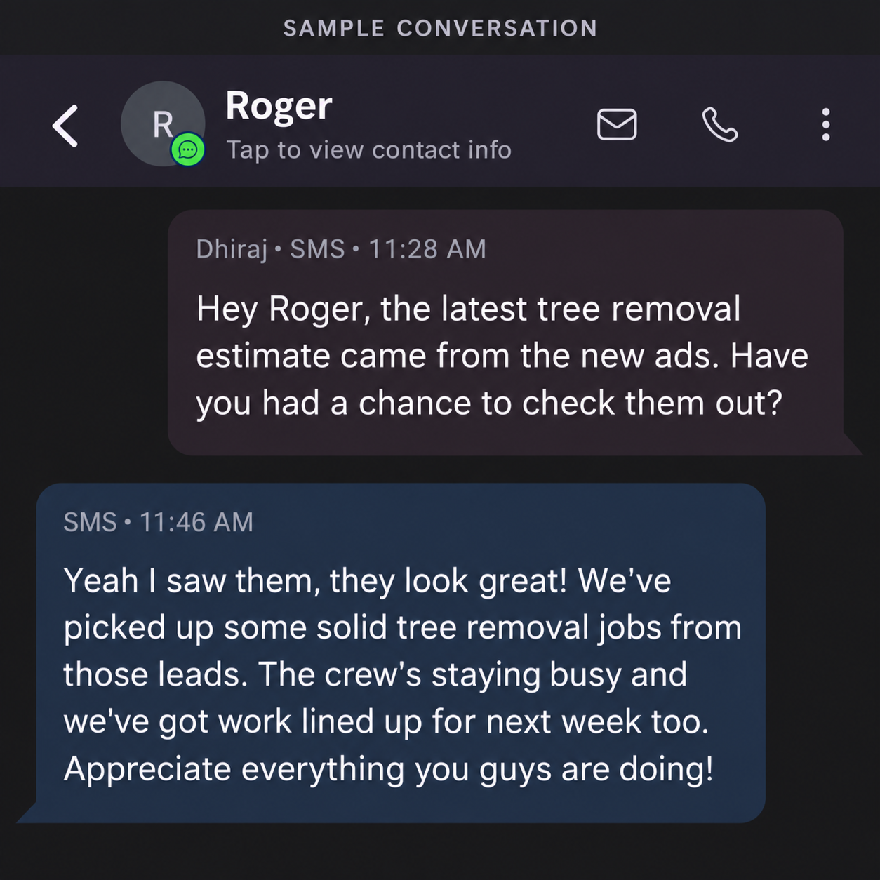 Sample conversation with Roger about tree removal leads and upcoming work
