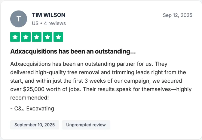 Five star review from Tim Wilson: over $25,000 of jobs in the first three weeks