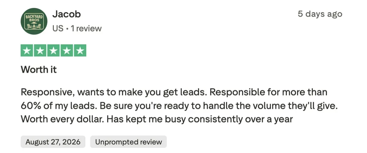 Five star review from Jacob titled Worth it: responsible for more than 60% of his leads